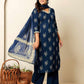 Cotton Straight Printed V-Neck Kurta with Pant & Dupatta