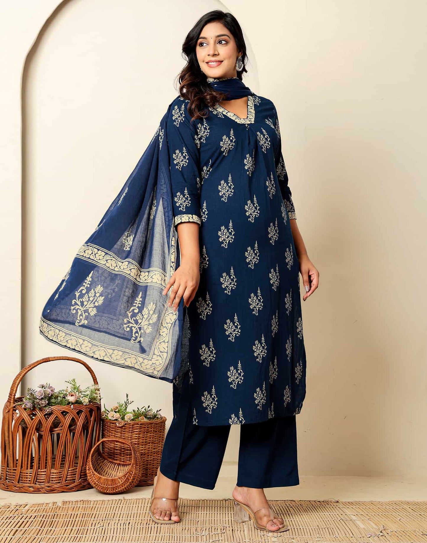Cotton Straight Printed V-Neck Kurta with Pant & Dupatta