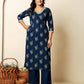 Cotton Straight Printed V-Neck Kurta with Pant & Dupatta