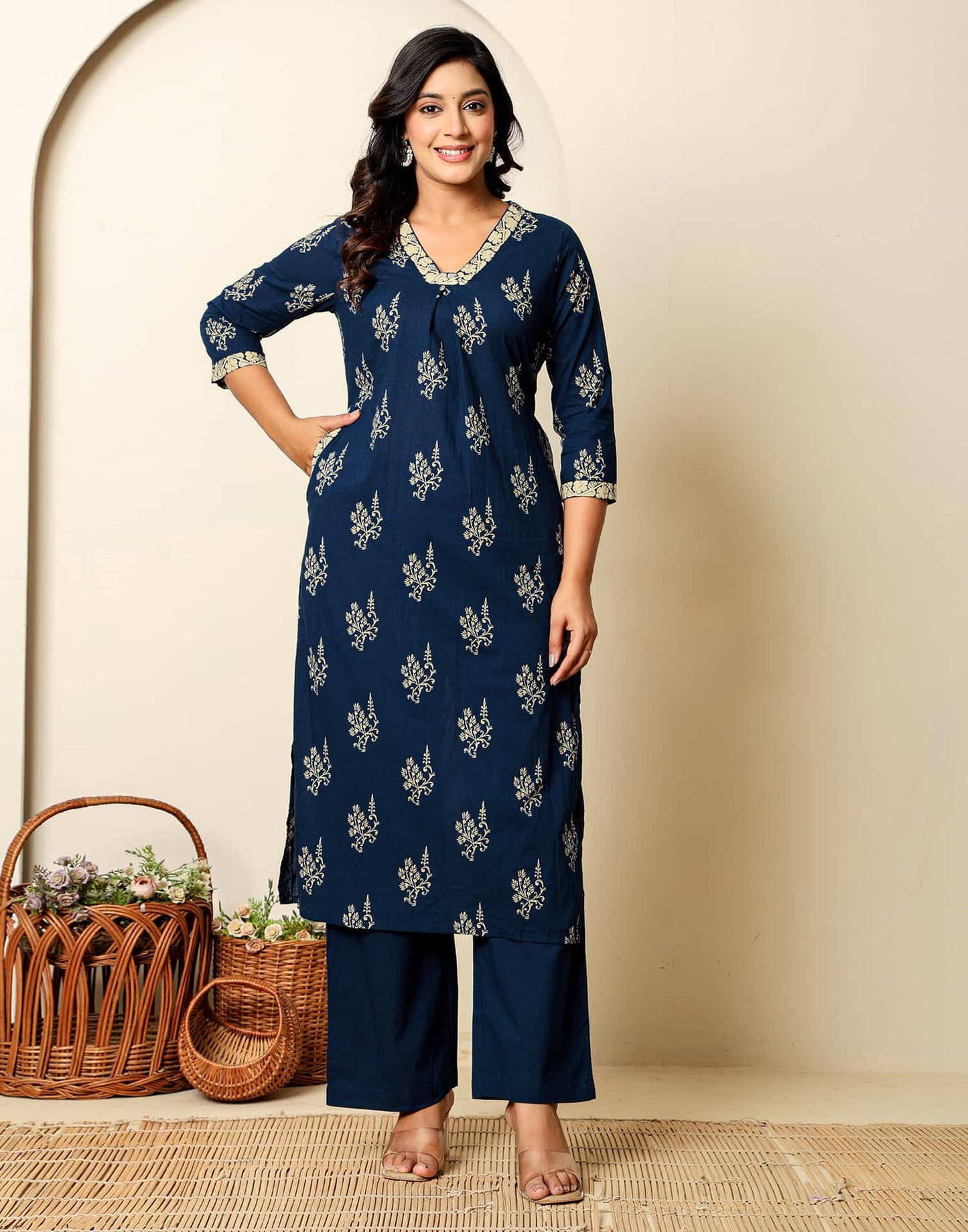 Cotton Straight Printed V-Neck Kurta with Pant & Dupatta