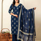 Cotton Straight Printed V-Neck Kurta with Pant & Dupatta