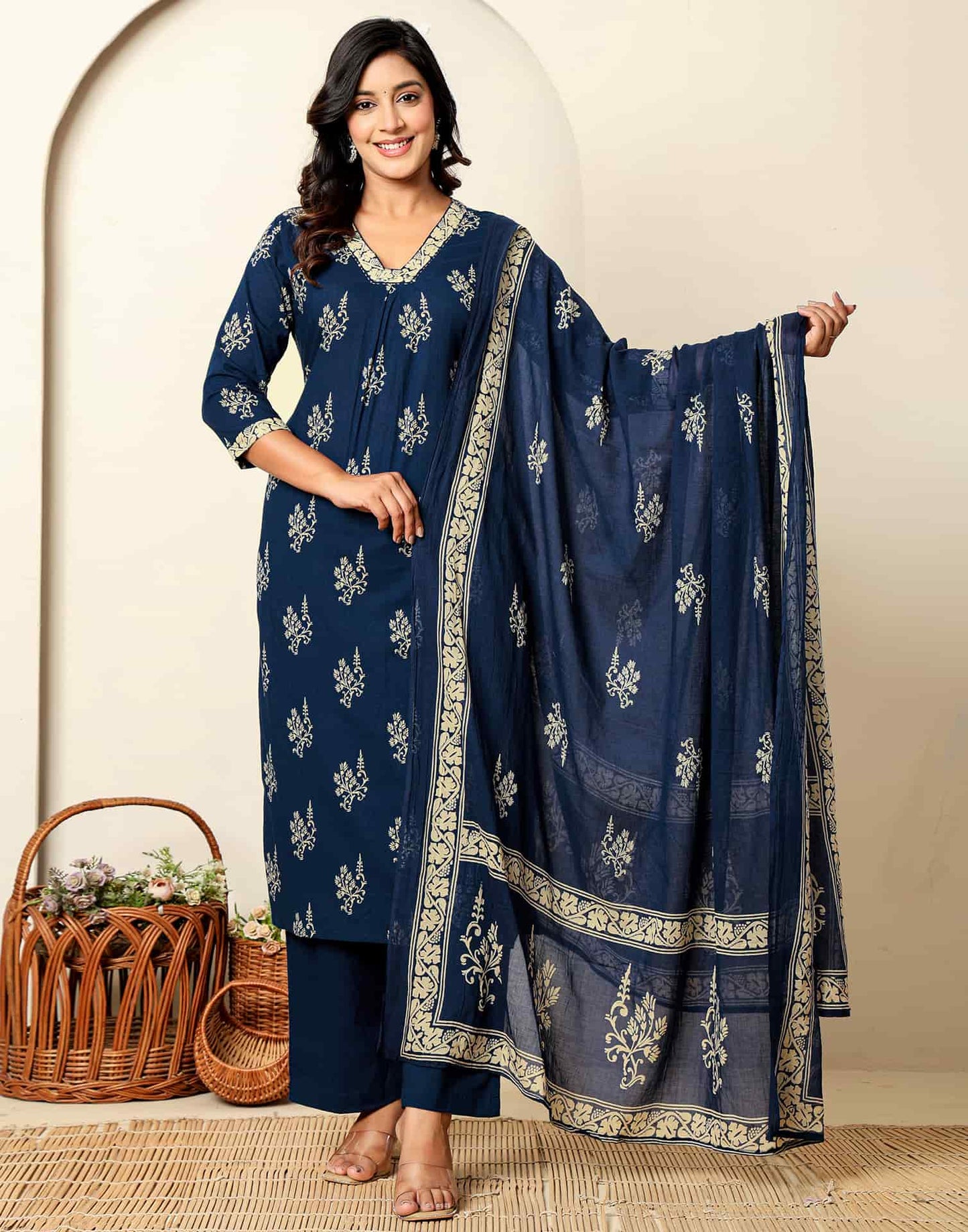 Cotton Straight Printed V-Neck Kurta with Pant & Dupatta