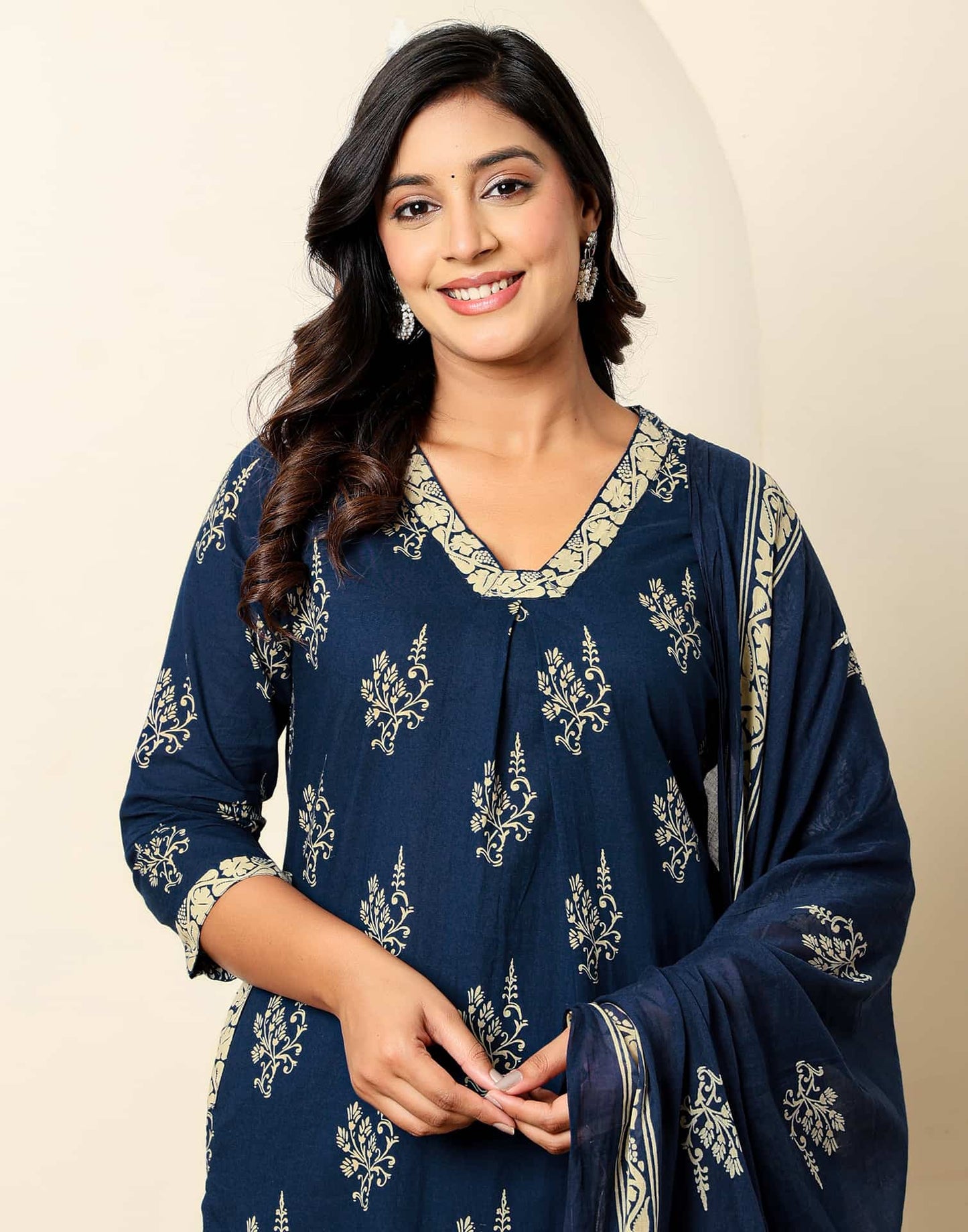 Cotton Straight Printed V-Neck Kurta with Pant & Dupatta