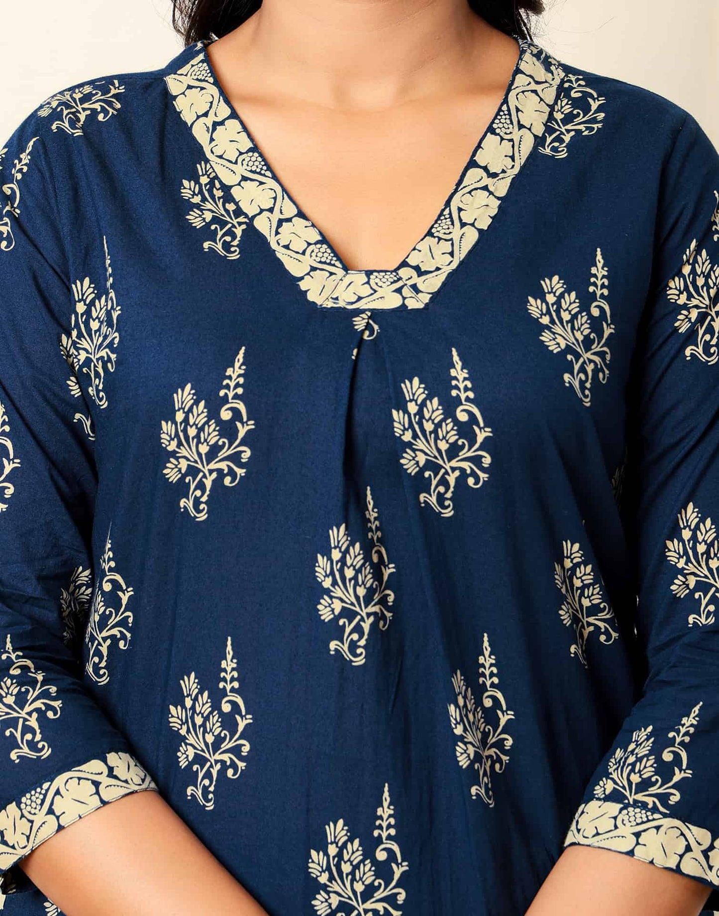 Cotton Straight Printed V-Neck Kurta with Pant & Dupatta