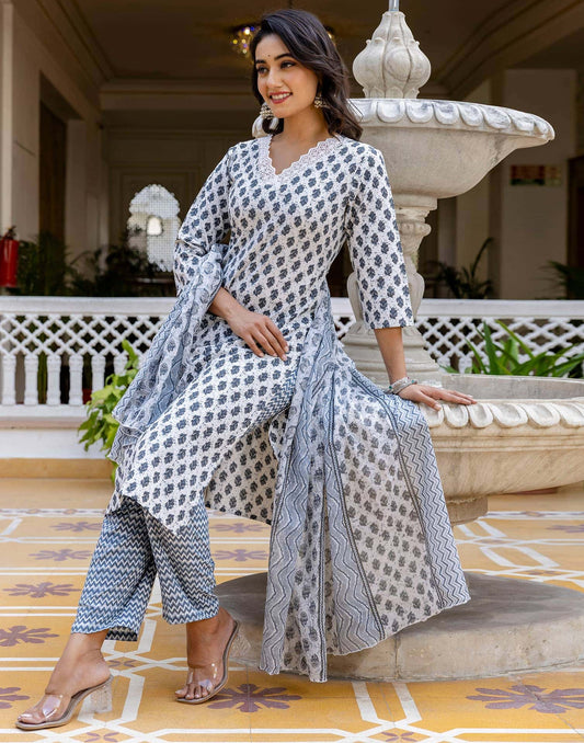 Cotton Printed Anarkali Kurta with Pant & Dupatta