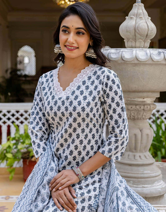 Cotton Printed Anarkali Kurta with Pant & Dupatta