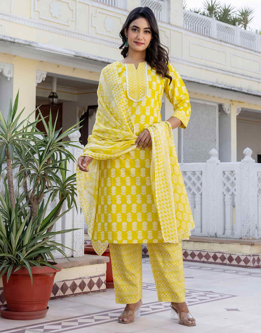 Cotton Printed A-Line Kurta with Pant & Dupatta