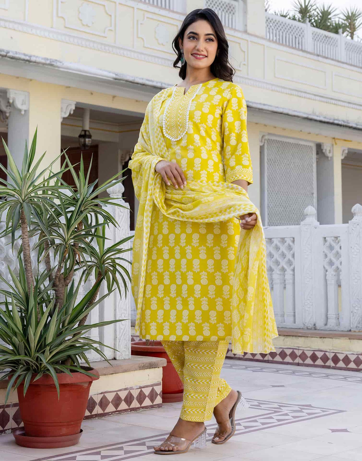 Cotton Printed A-Line Kurta with Pant & Dupatta