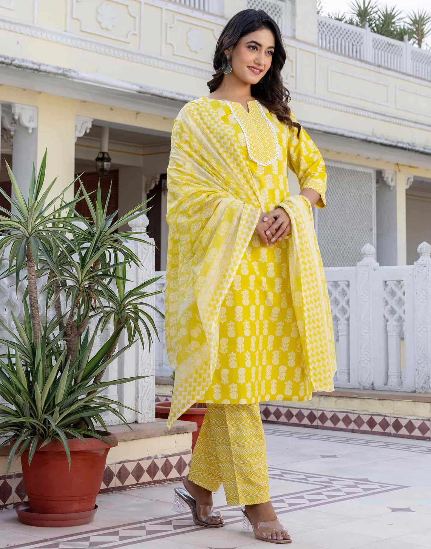Cotton Printed A-Line Kurta with Pant & Dupatta