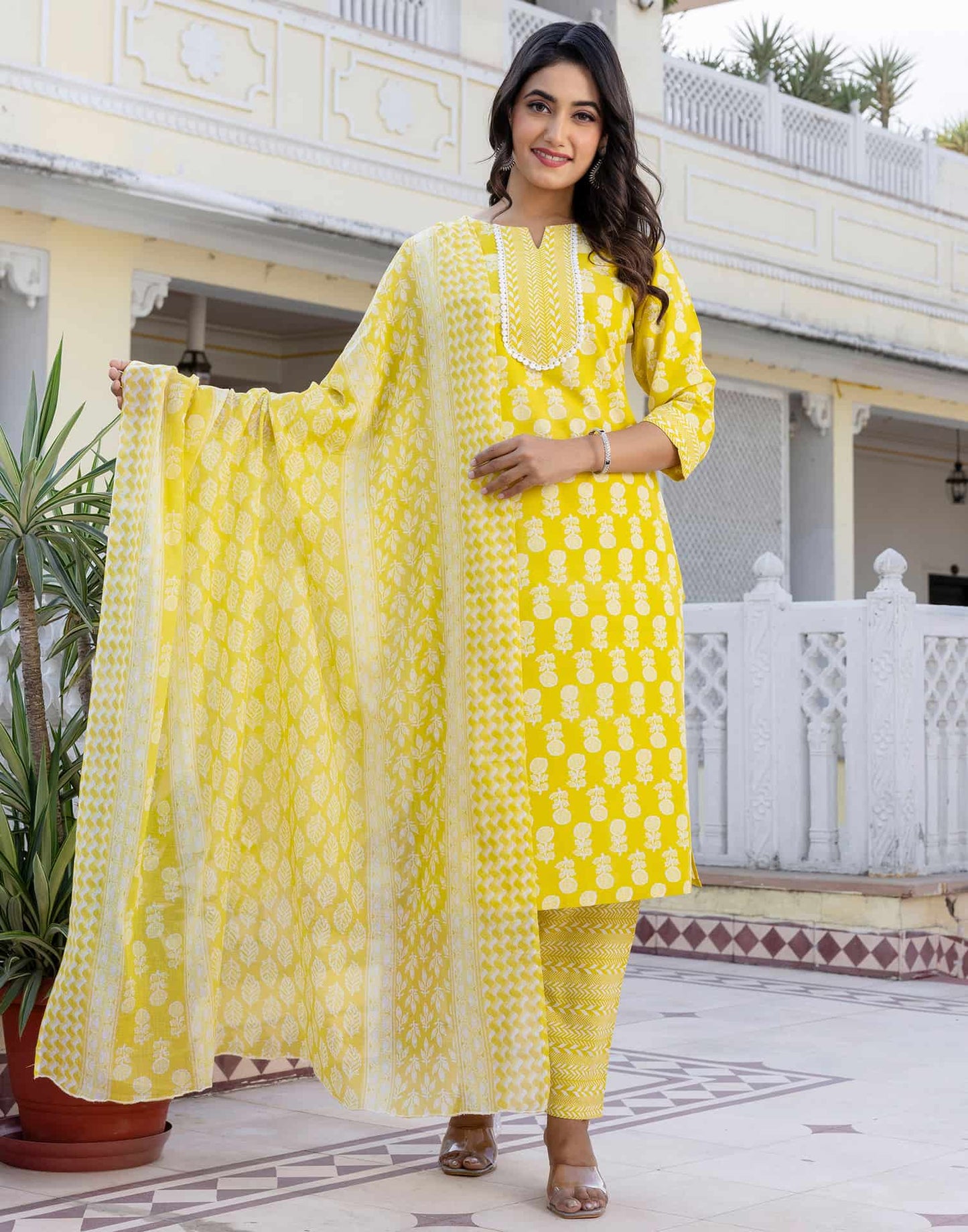 Cotton Printed A-Line Kurta with Pant & Dupatta