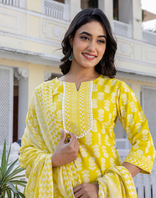 Cotton Printed A-Line Kurta with Pant & Dupatta