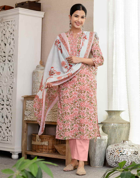 Cotton Printed A-Line Kurta with Pant & Dupatta