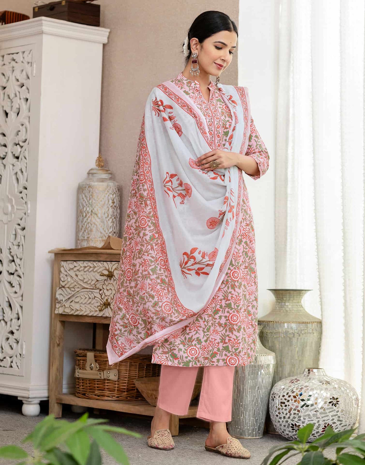 Cotton Printed A-Line Kurta with Pant & Dupatta