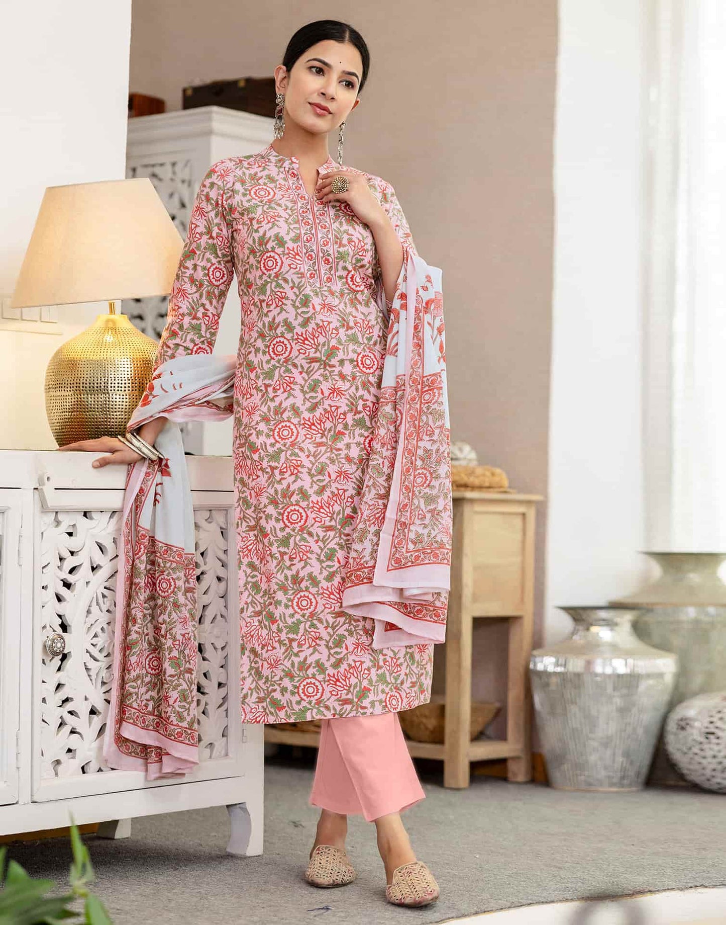 Cotton Printed A-Line Kurta with Pant & Dupatta