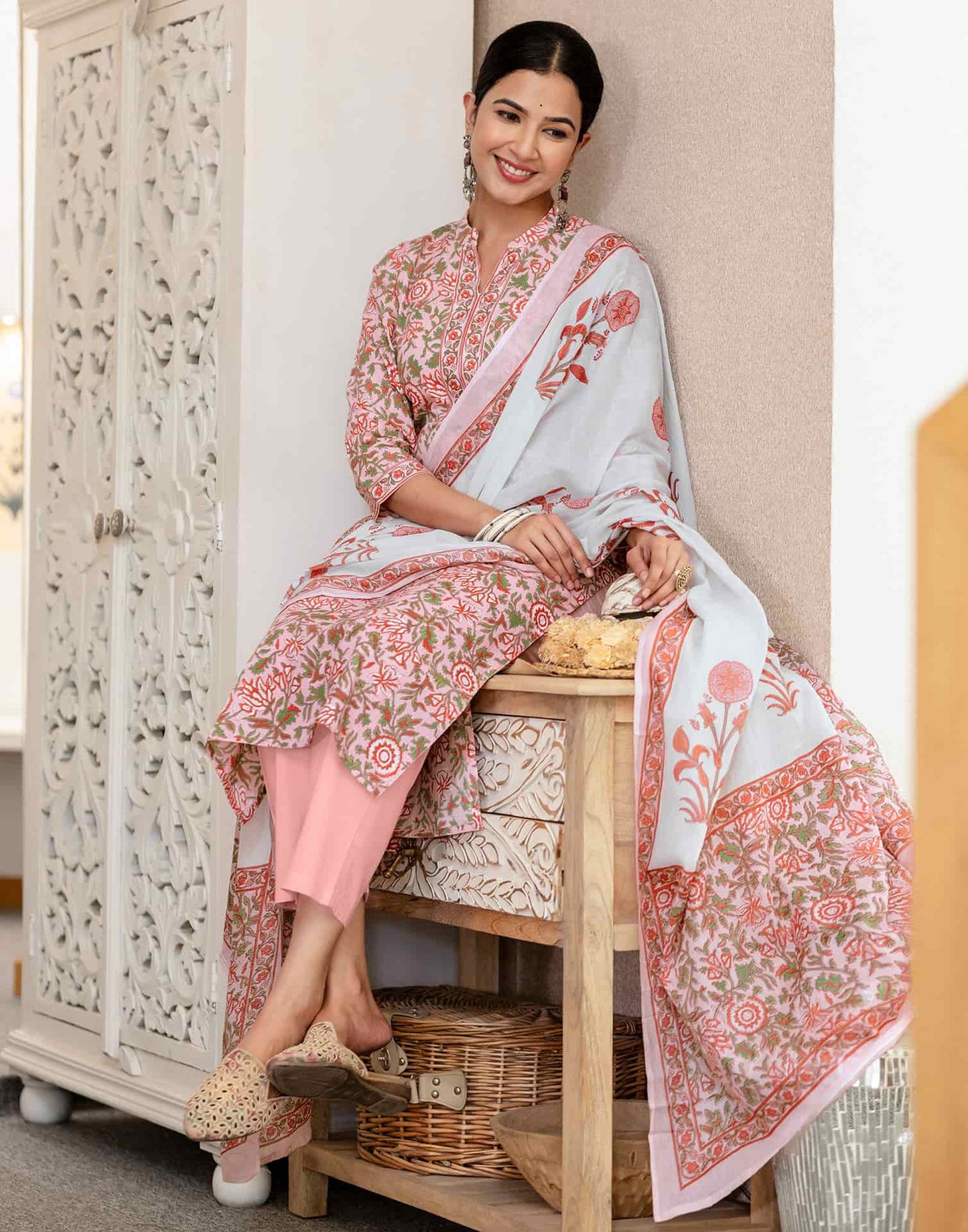 Cotton Printed A-Line Kurta with Pant & Dupatta