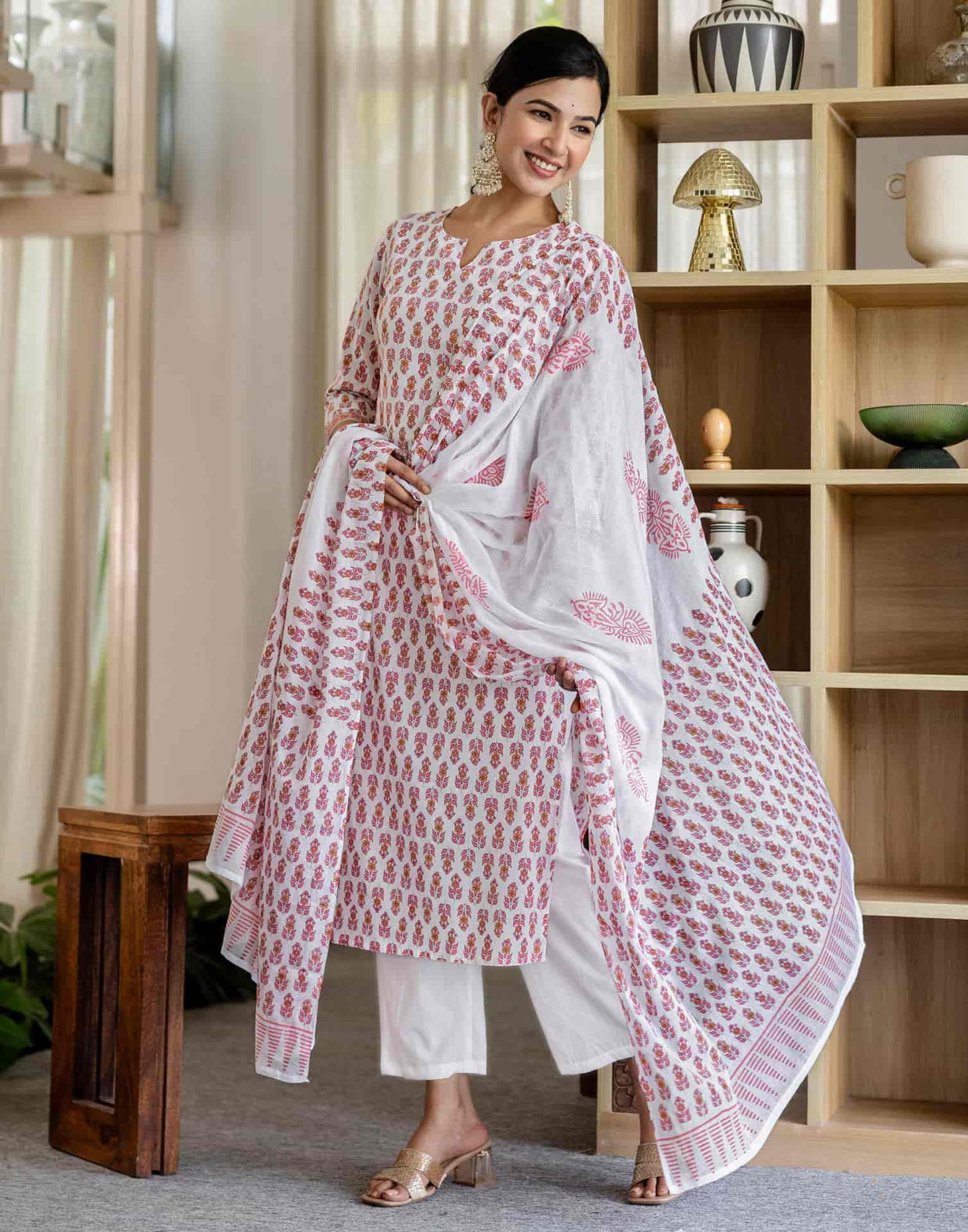 Cotton Printed A-Line Kurta with Pant & Dupatta