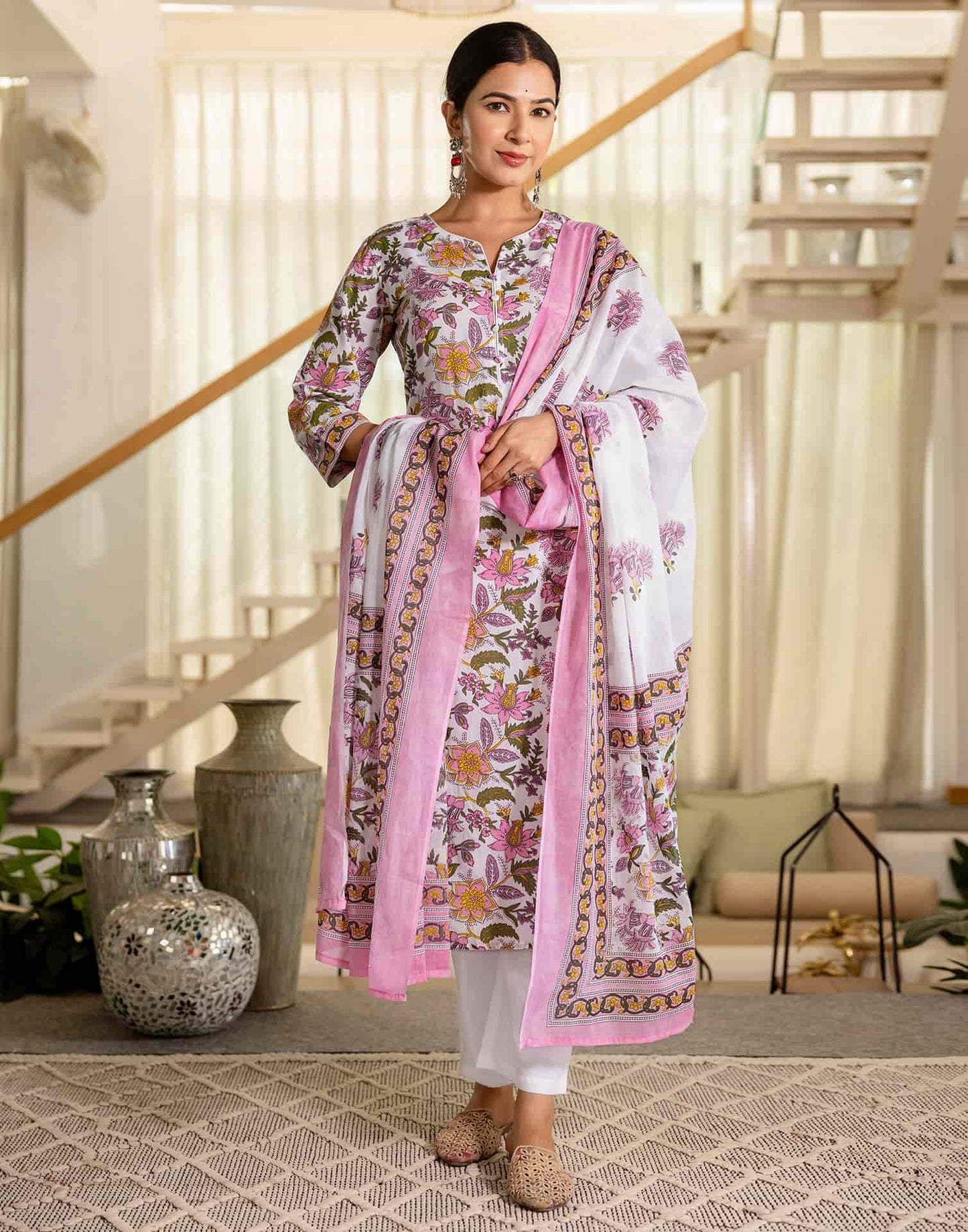 Cotton Printed A-Line Kurta with Pant & Dupatta