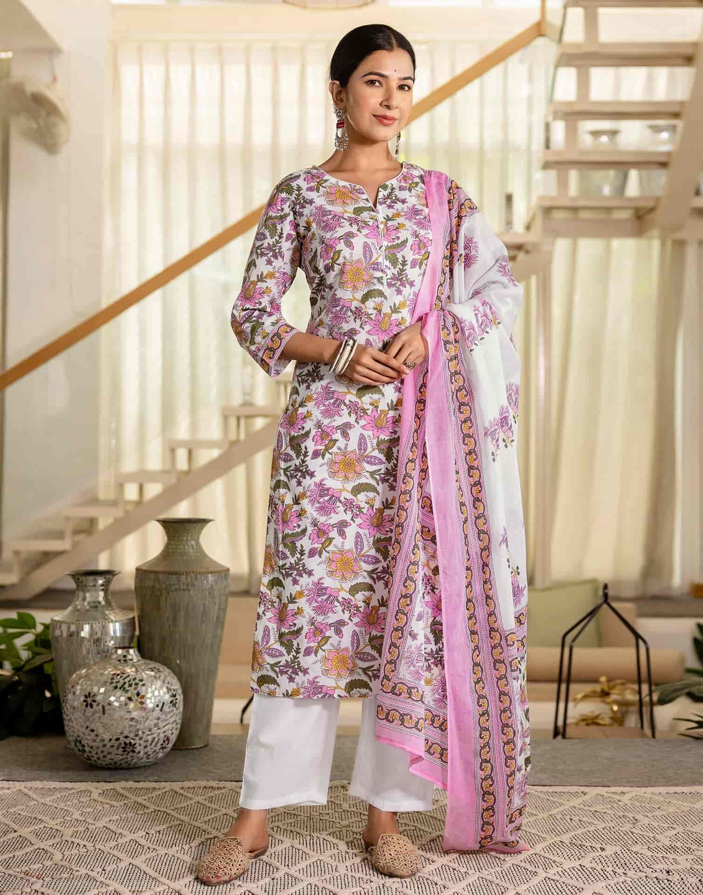 Cotton Printed A-Line Kurta with Pant & Dupatta
