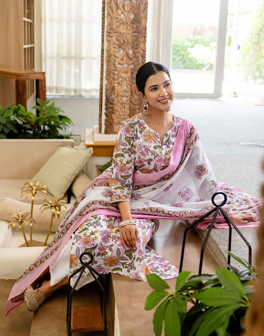 Cotton Printed A-Line Kurta with Pant & Dupatta
