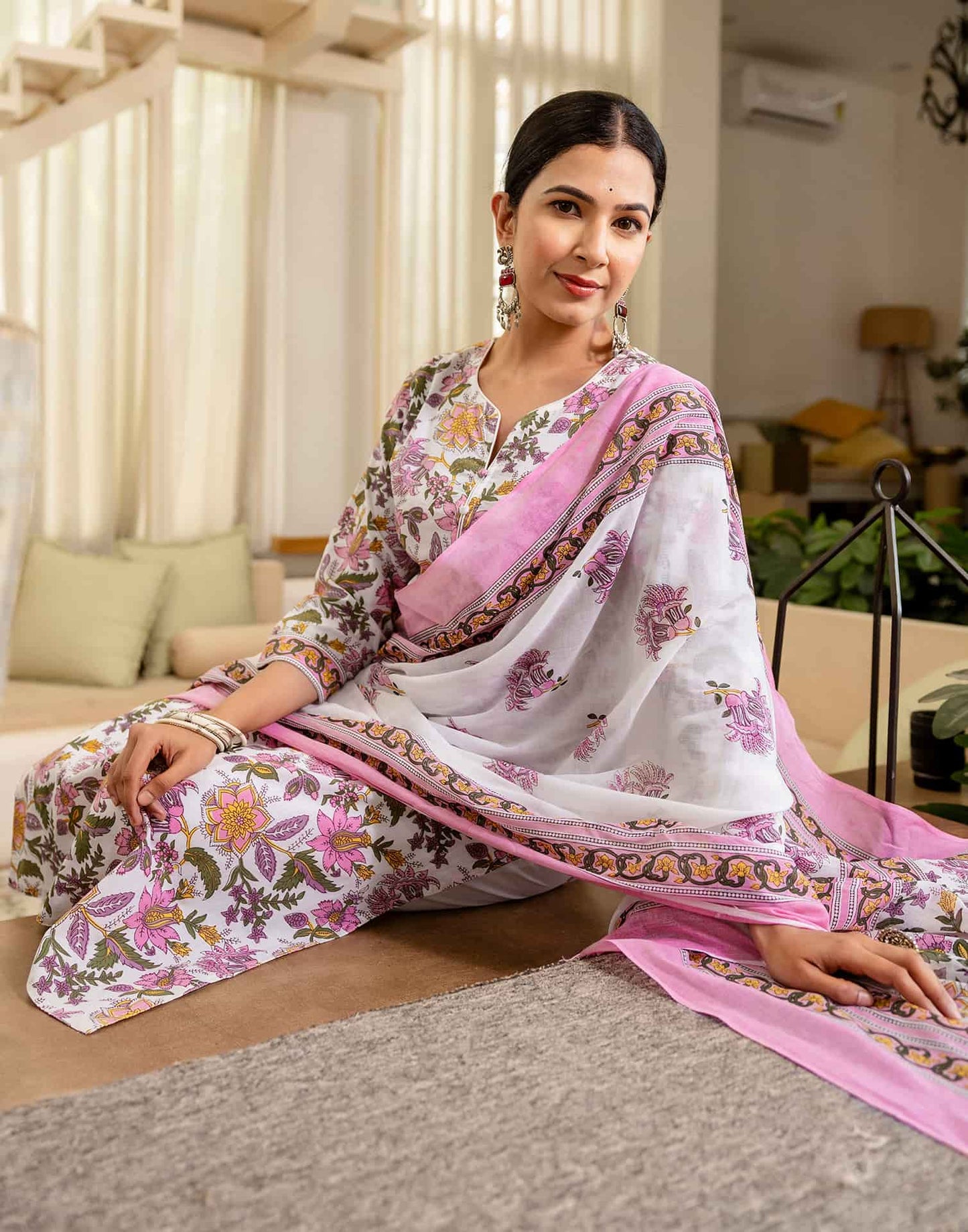 Cotton Printed A-Line Kurta with Pant & Dupatta