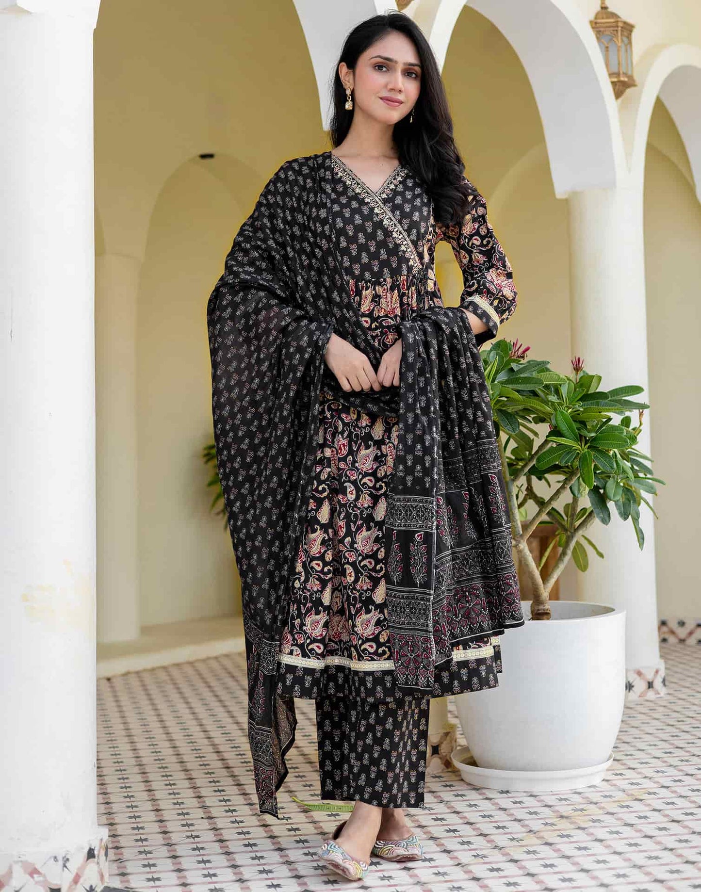 Cotton Printed, Embroidery, Tassels, Anarkali Kurta with Pant & Dupatta