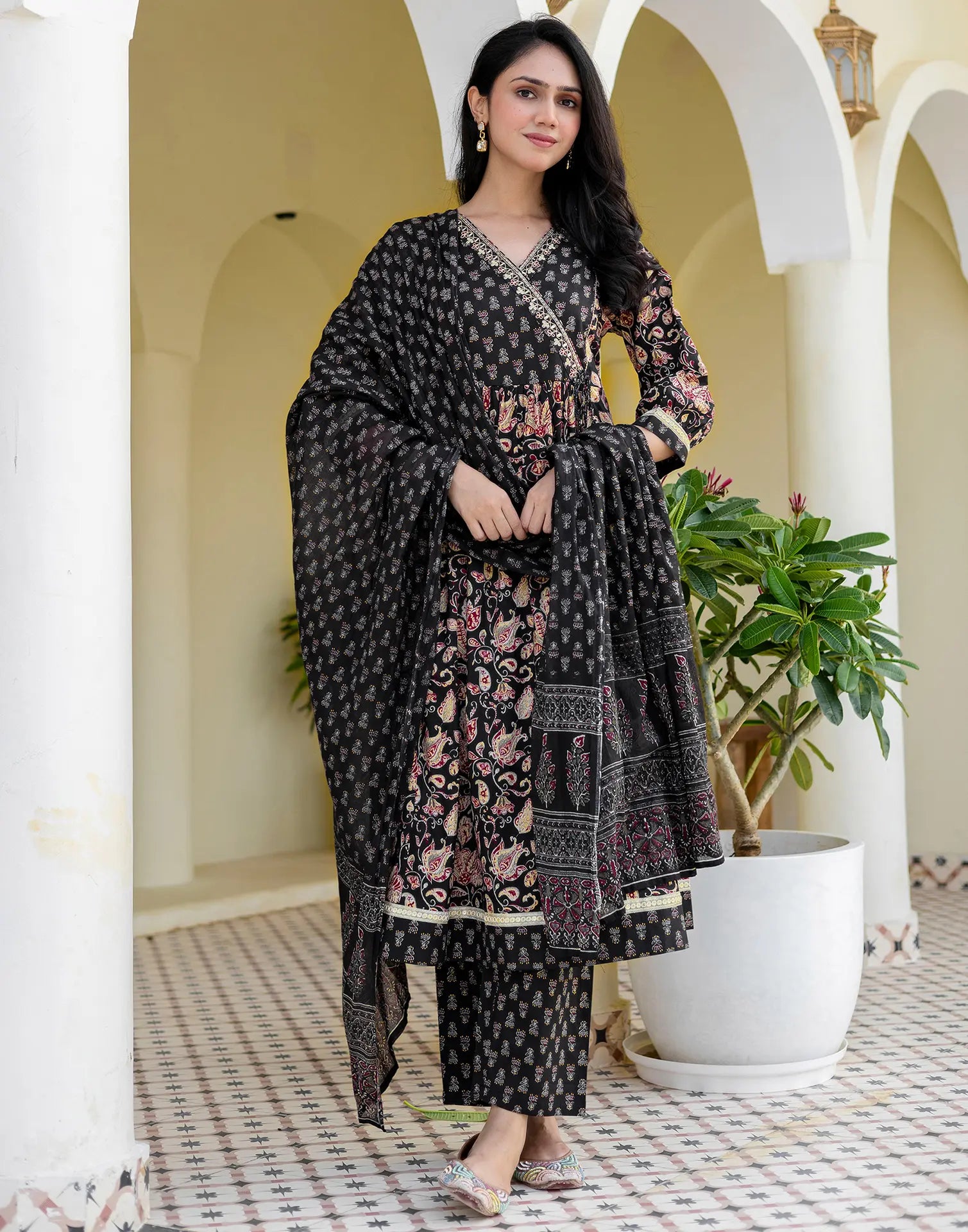 Cotton Embroidered Angarkha 3 Piece Kurta Set