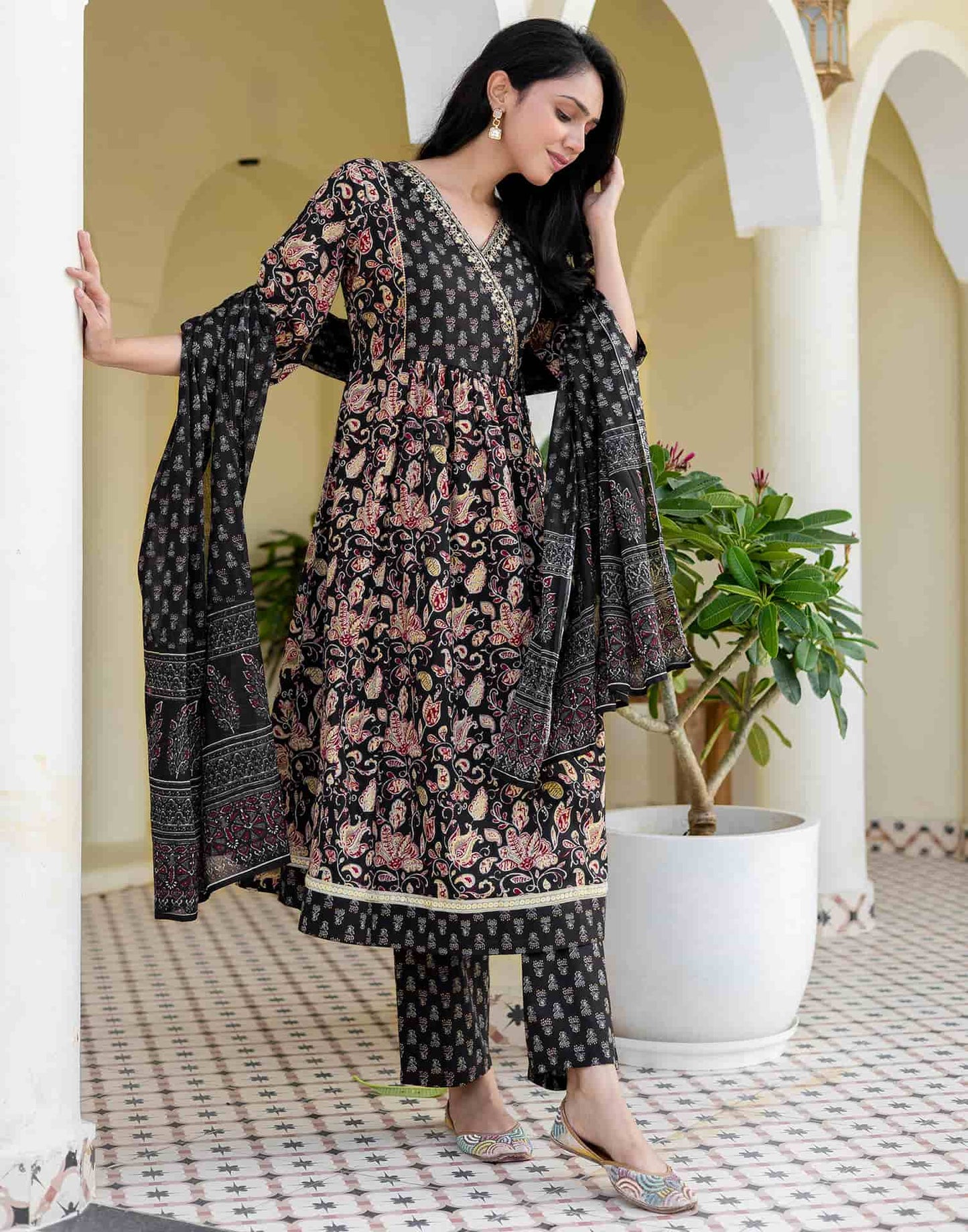Cotton Printed, Embroidery, Tassels, Anarkali Kurta with Pant & Dupatta