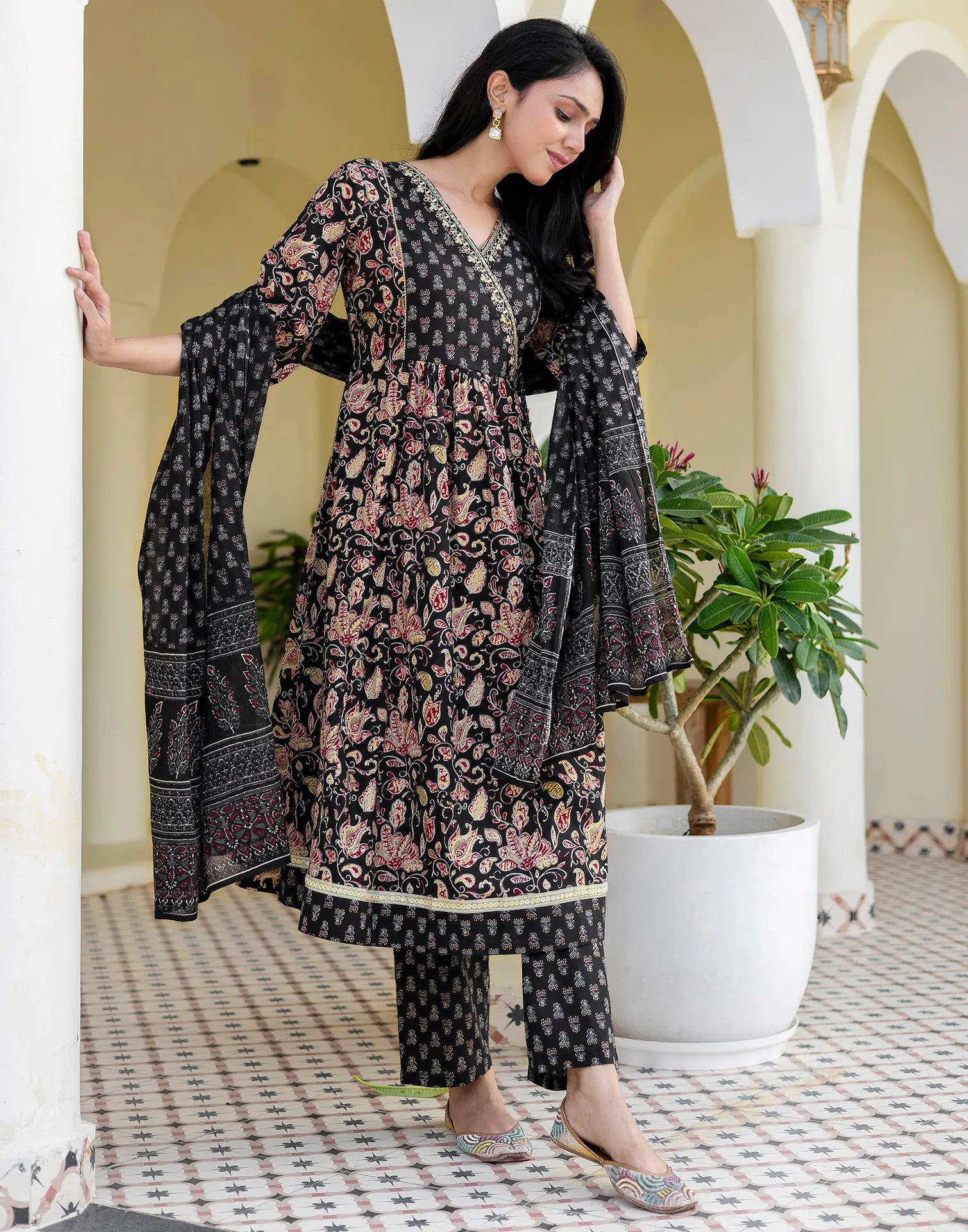 Cotton Embroidered Angarkha 3 Piece Kurta Set