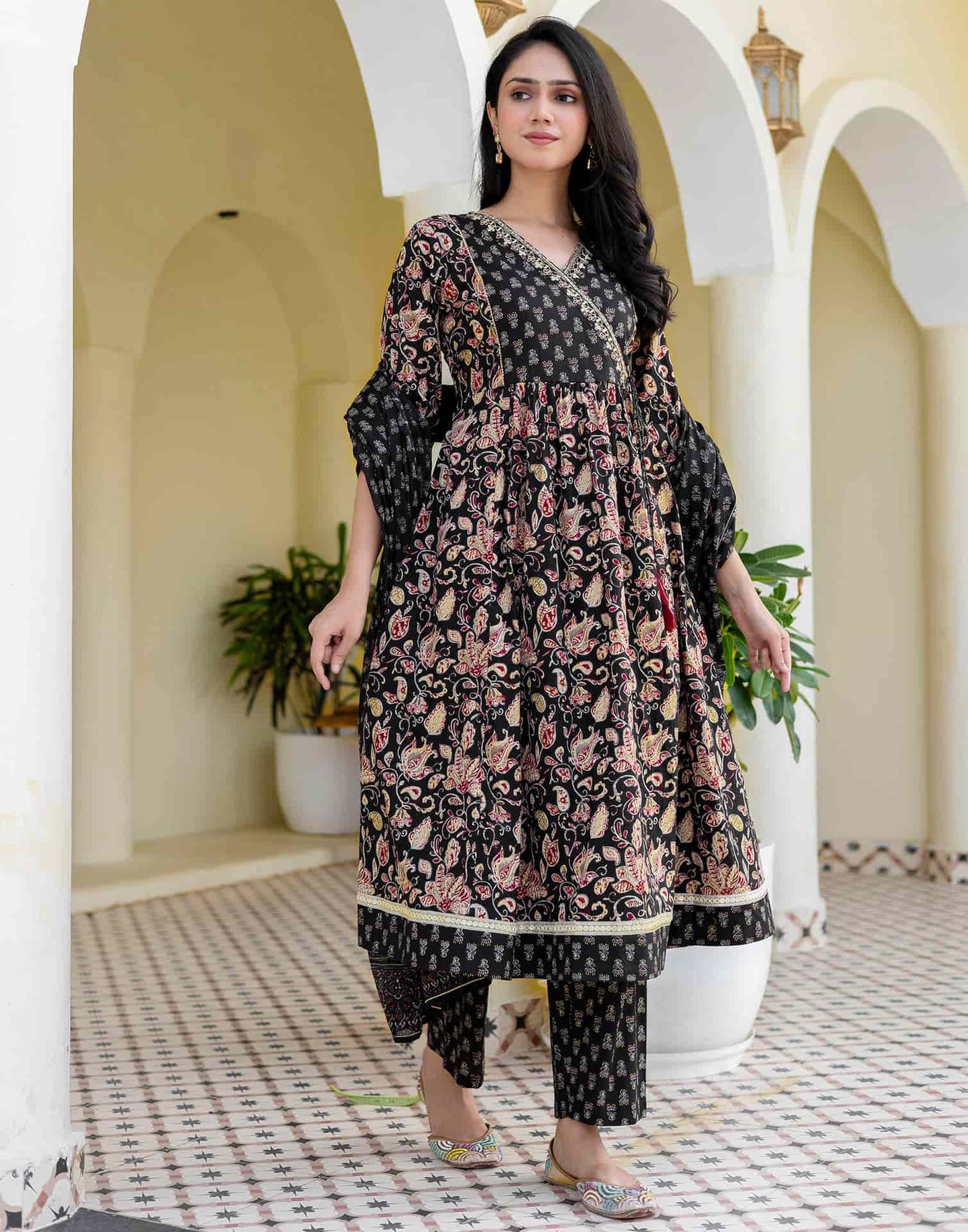 Cotton Printed, Embroidery, Tassels, Anarkali Kurta with Pant & Dupatta