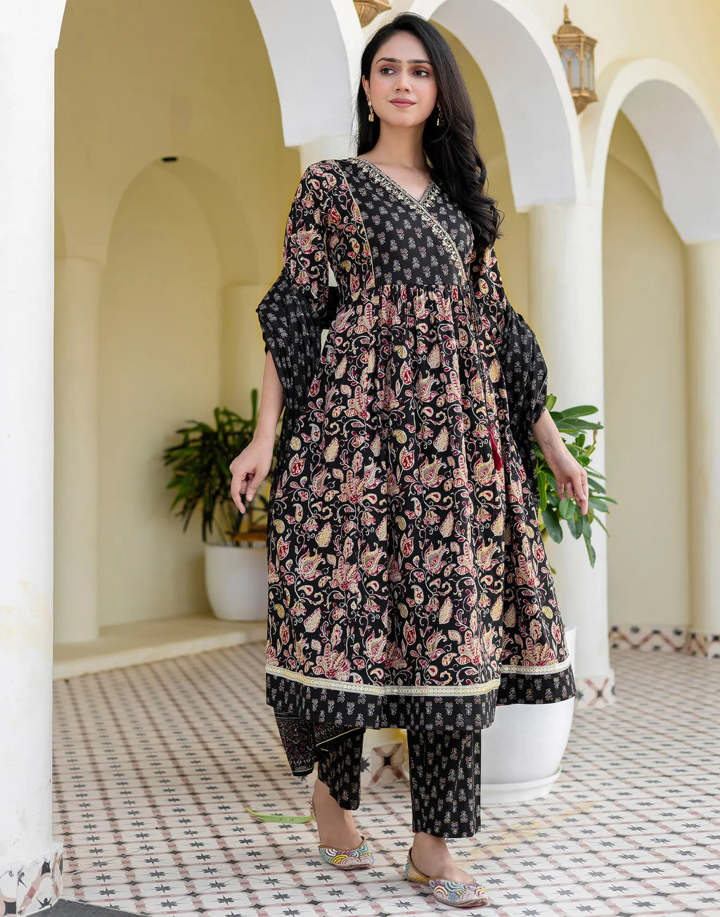 Cotton Embroidered Angarkha 3 Piece Kurta Set
