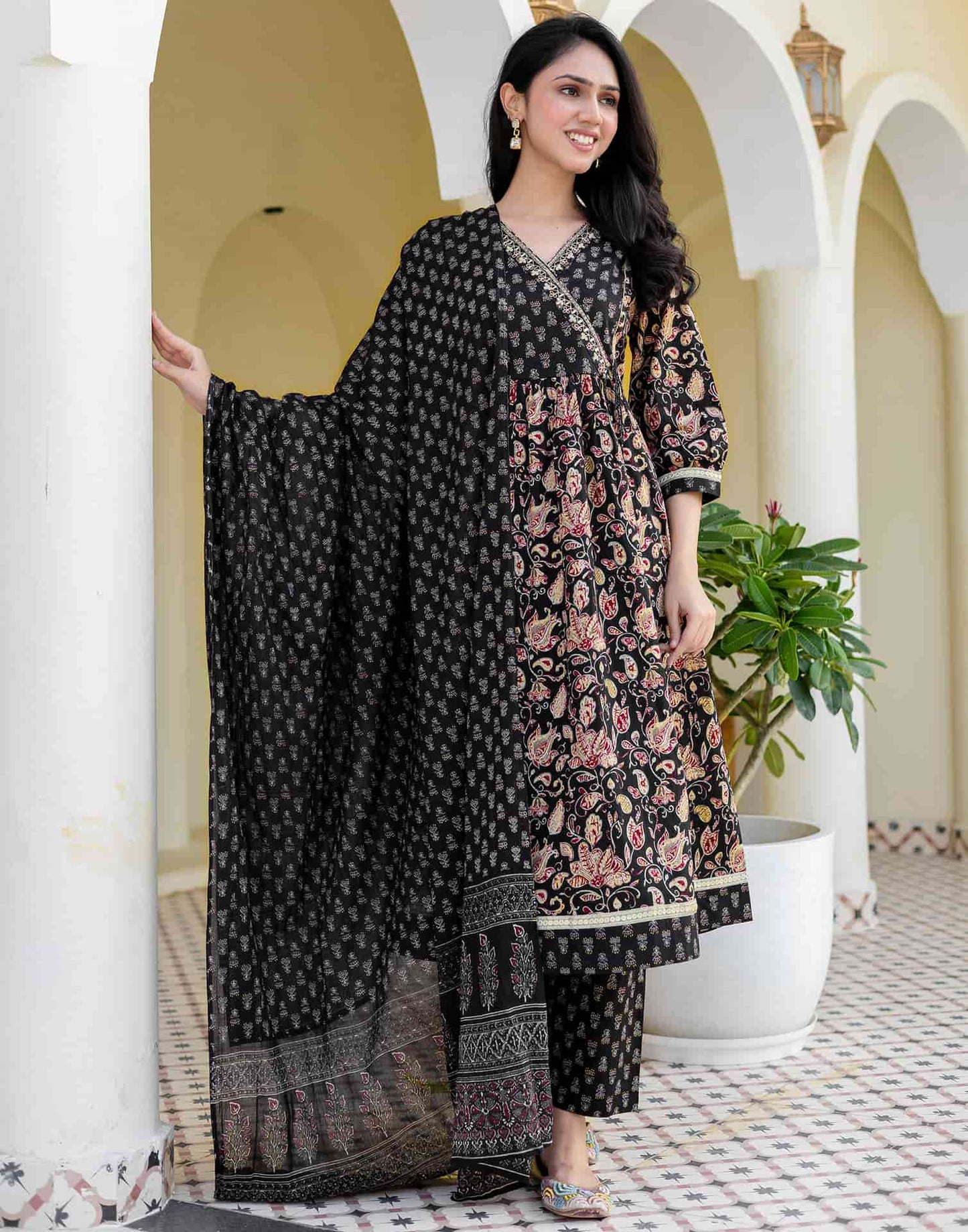 Cotton Printed, Embroidery, Tassels, Anarkali Kurta with Pant & Dupatta