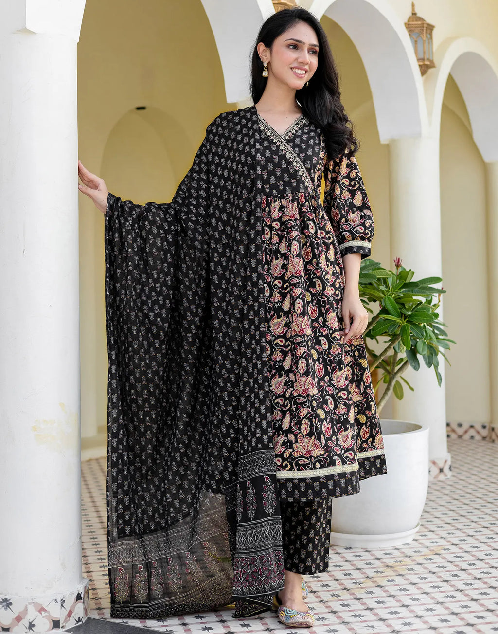 Cotton Embroidered Angarkha 3 Piece Kurta Set