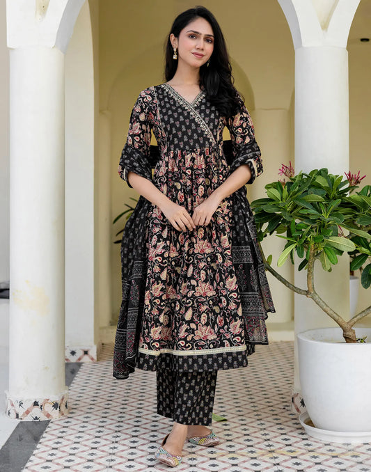 Cotton Embroidered Angarkha 3 Piece Kurta Set