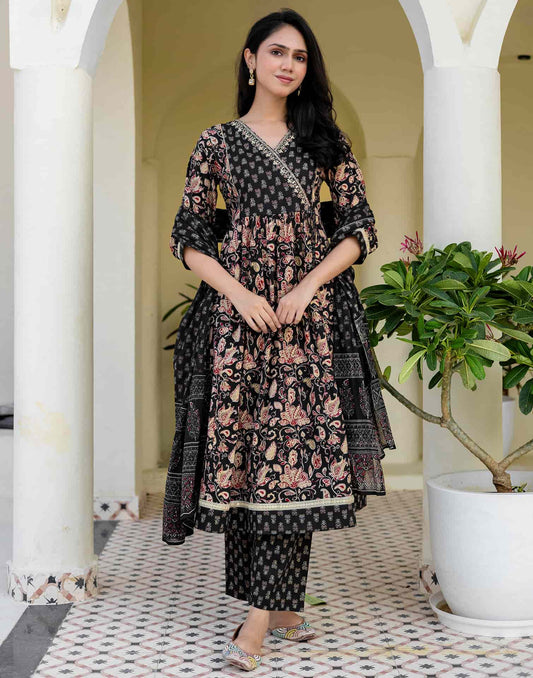 Cotton Printed, Embroidery, Tassels, Anarkali Kurta with Pant & Dupatta