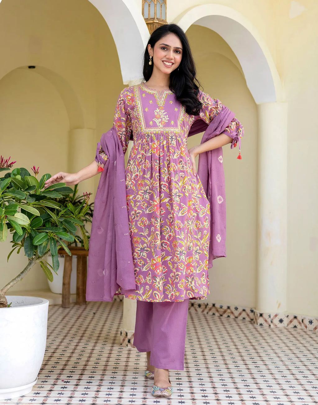 Cotton Floral Print A-Line 3 Piece Kurta Set
