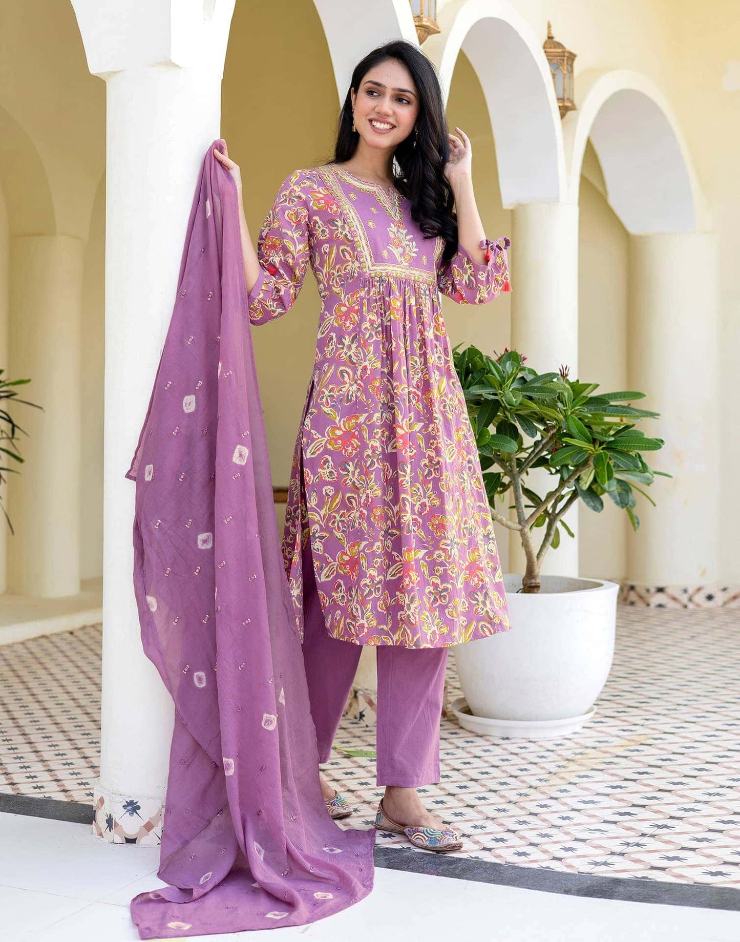 Cotton Printed, Embroidery, Tassels Anarkali Kurta with Pant & Dupatta