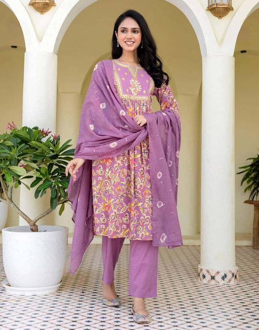 Cotton Printed, Embroidery, Tassels Anarkali Kurta with Pant & Dupatta
