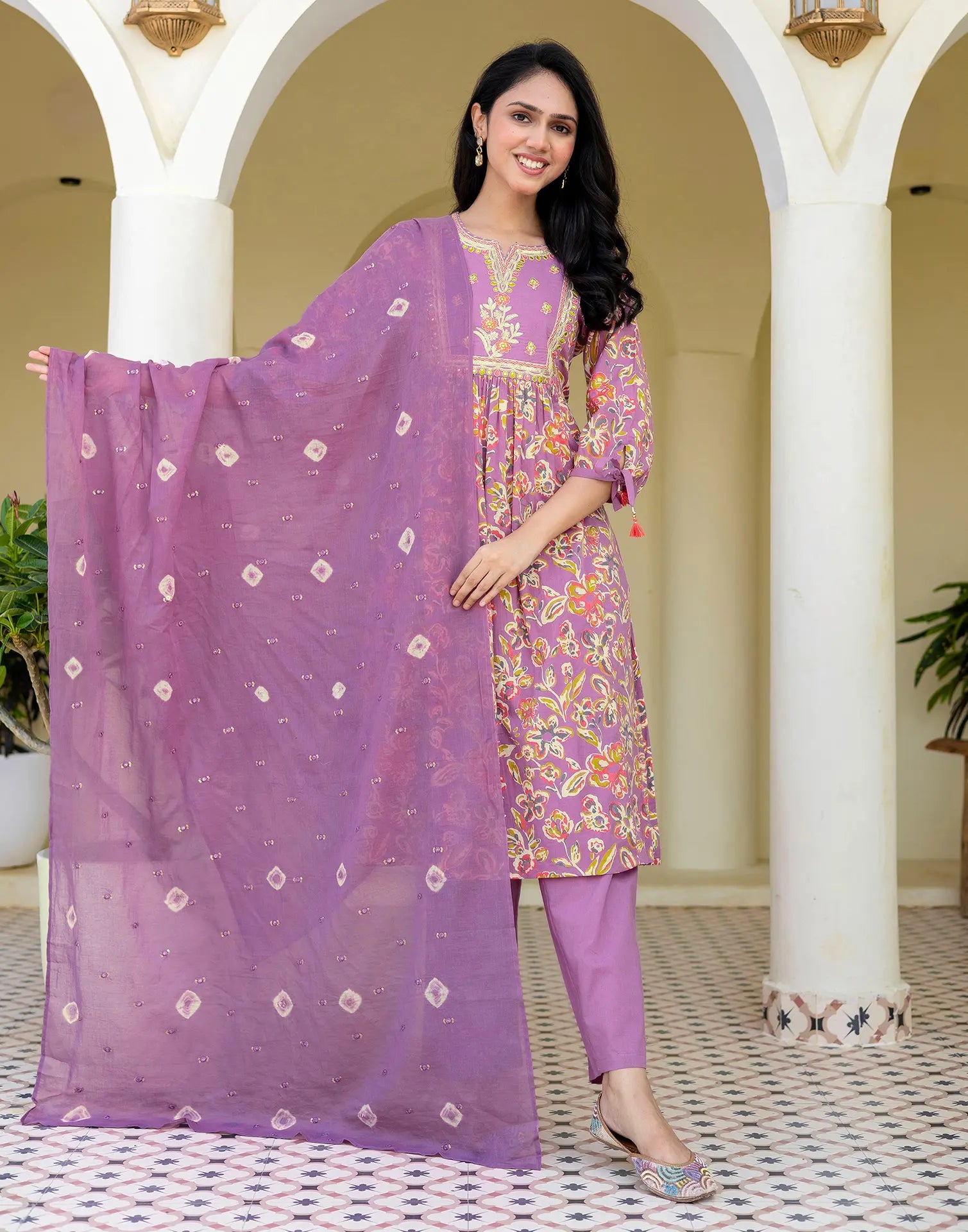Cotton Floral Print A-Line 3 Piece Kurta Set