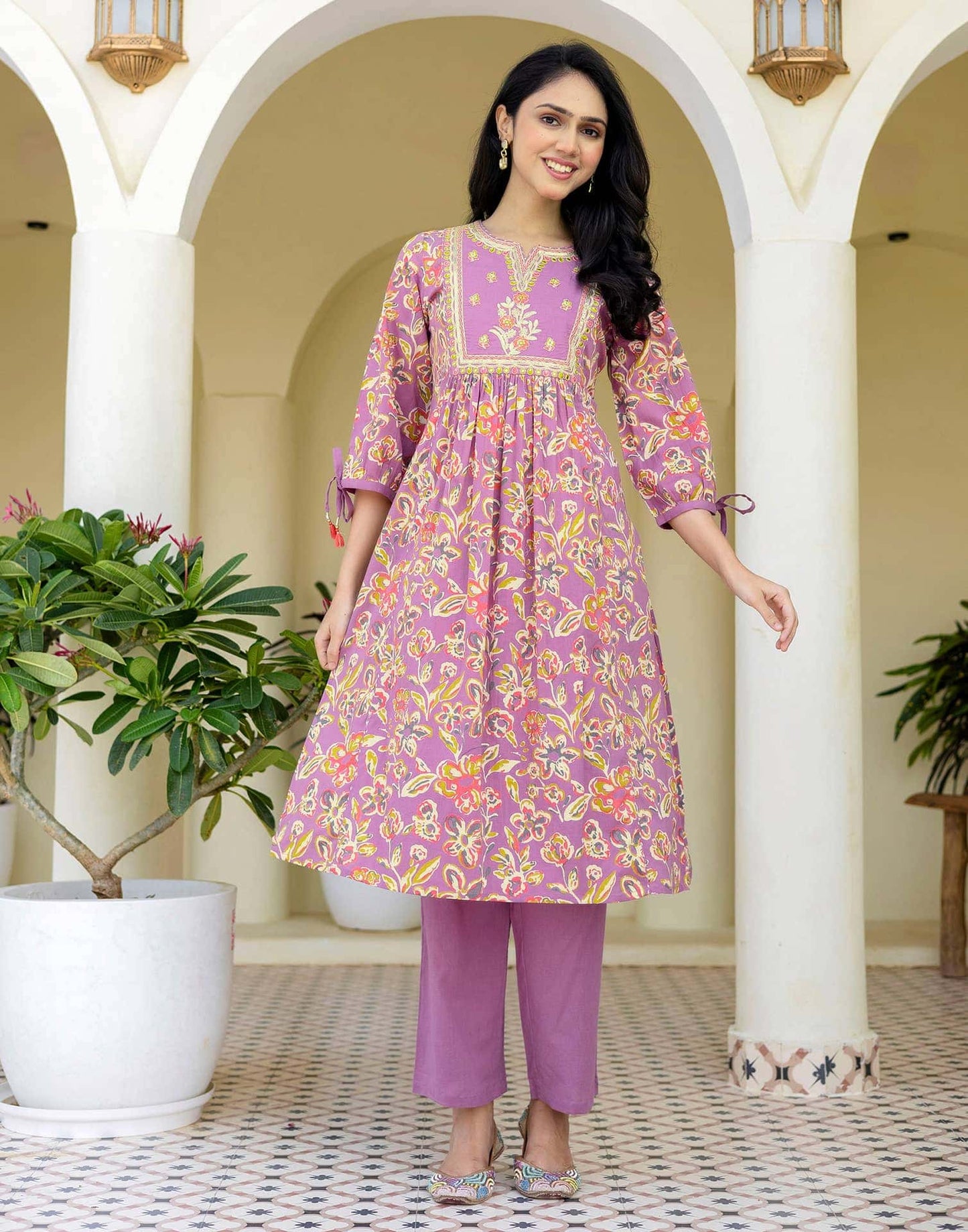 Cotton Printed, Embroidery, Tassels Anarkali Kurta with Pant & Dupatta