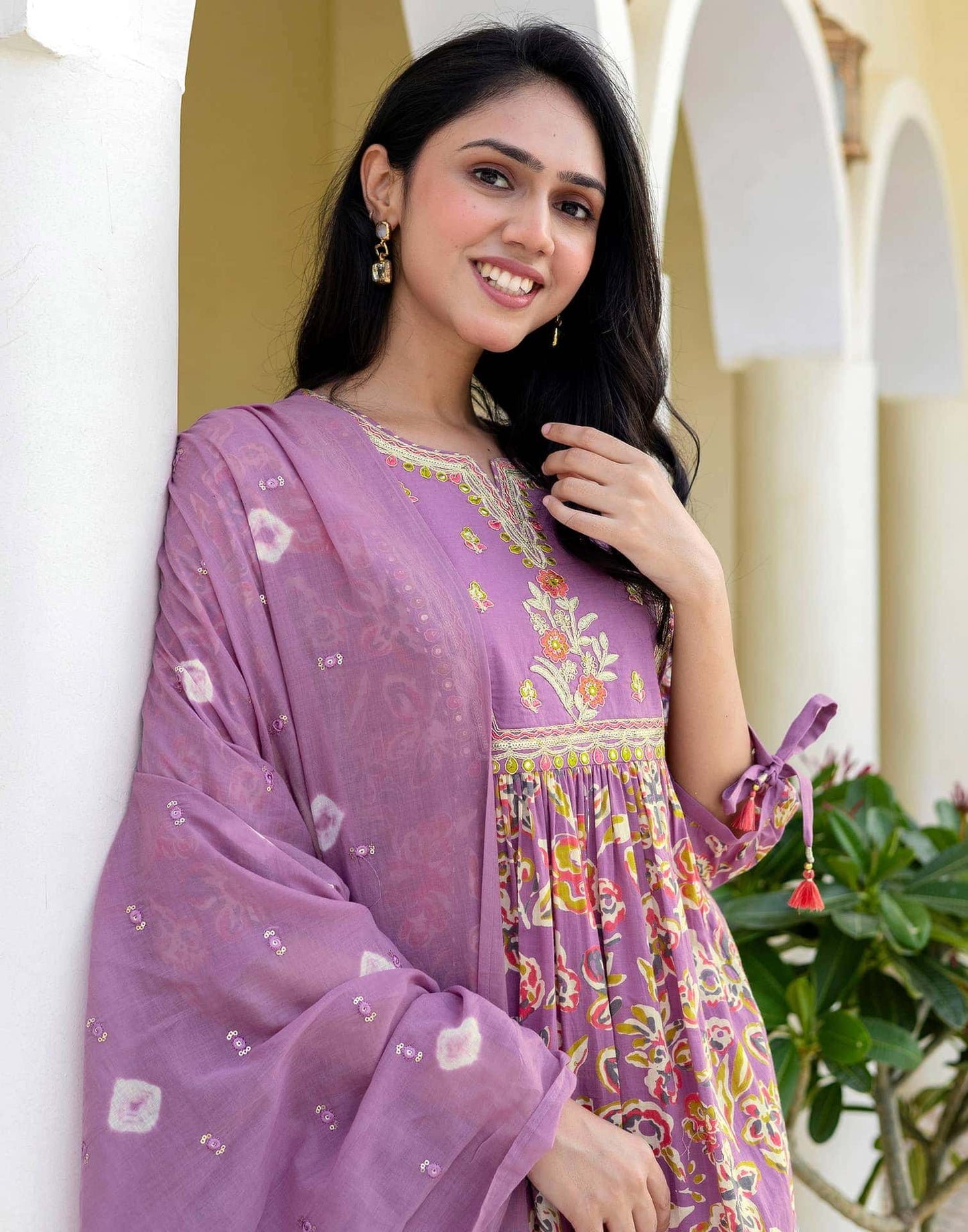 Cotton Printed, Embroidery, Tassels Anarkali Kurta with Pant & Dupatta