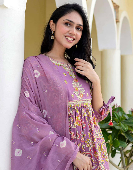 Cotton Printed, Embroidery, Tassels Anarkali Kurta with Pant & Dupatta