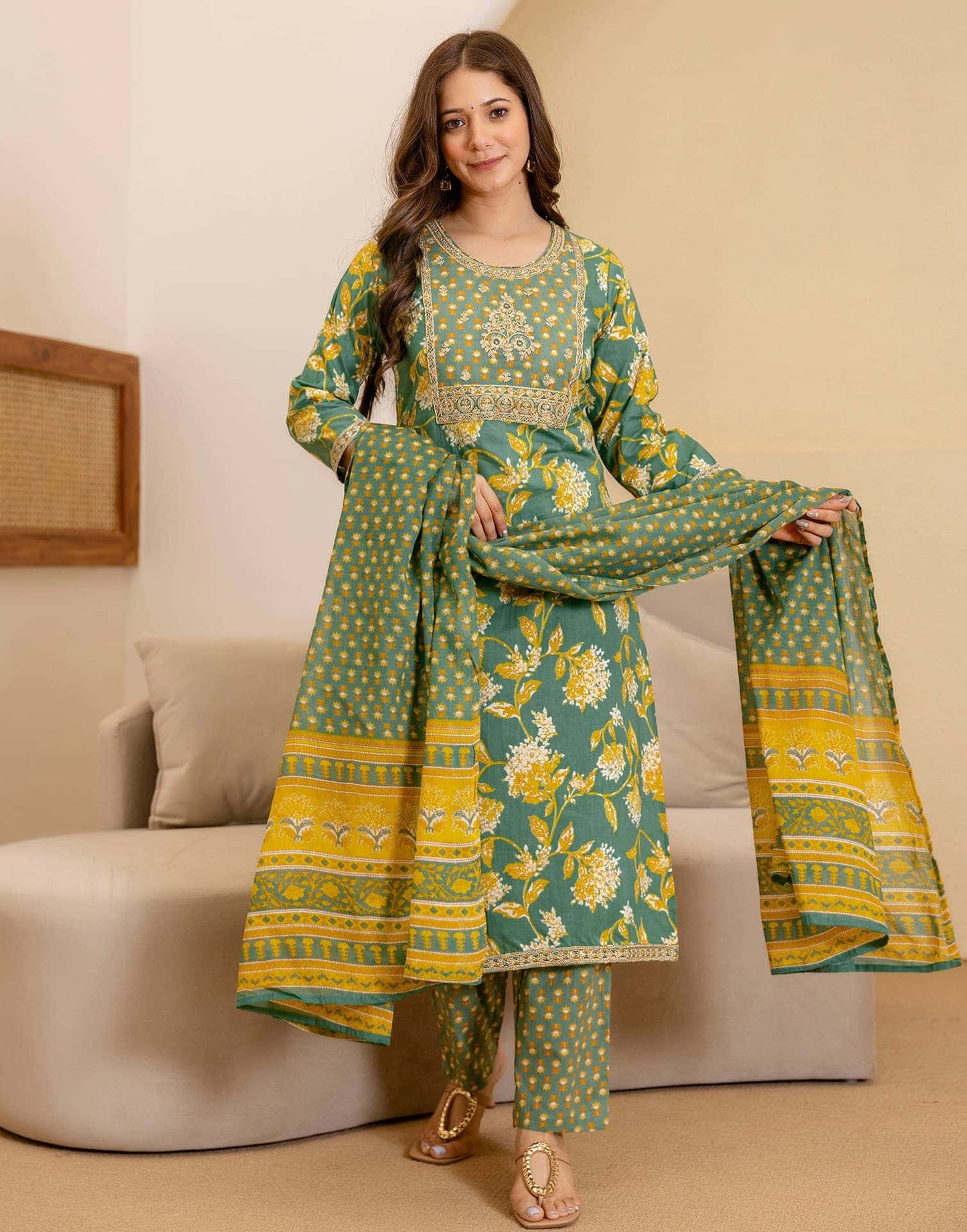 Cotton Printed Straight Kurta with Pant & Dupatta
