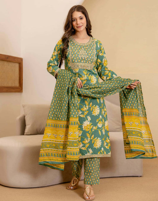 Cotton Printed Straight Kurta with Pant & Dupatta