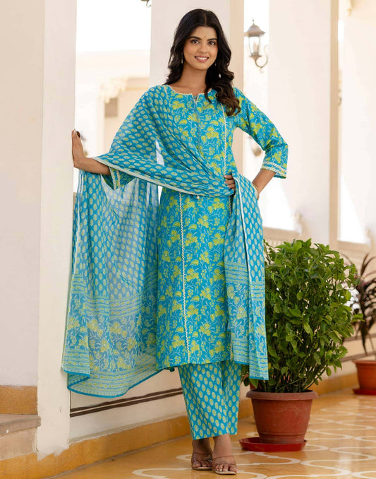 Cotton Printed, Lace, Tassels Straight Kurta with Pant & Dupatta