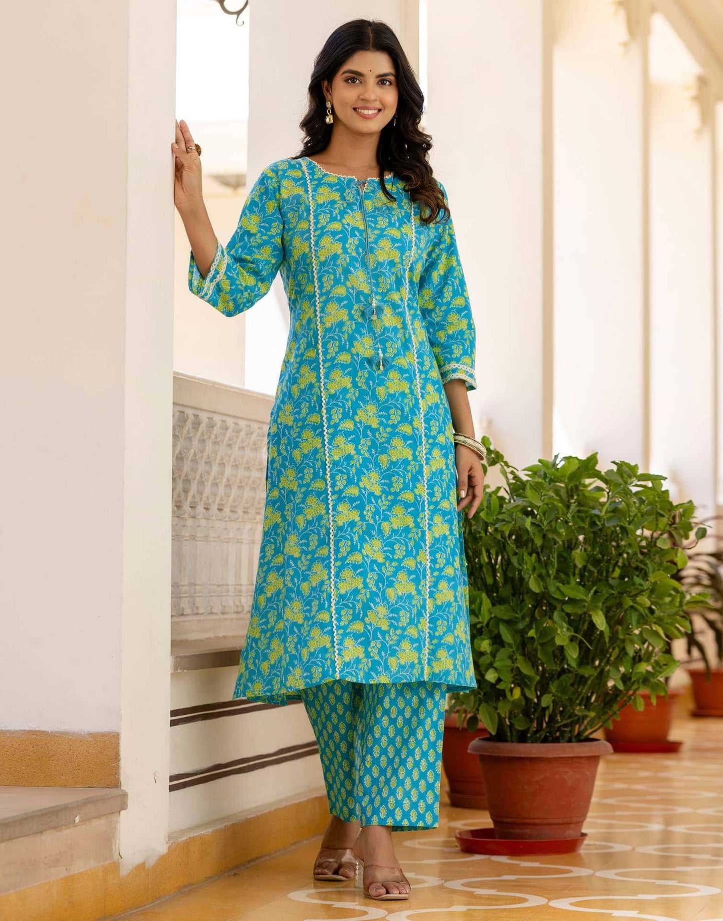 Cotton Printed, Lace, Tassels Straight Kurta with Pant & Dupatta