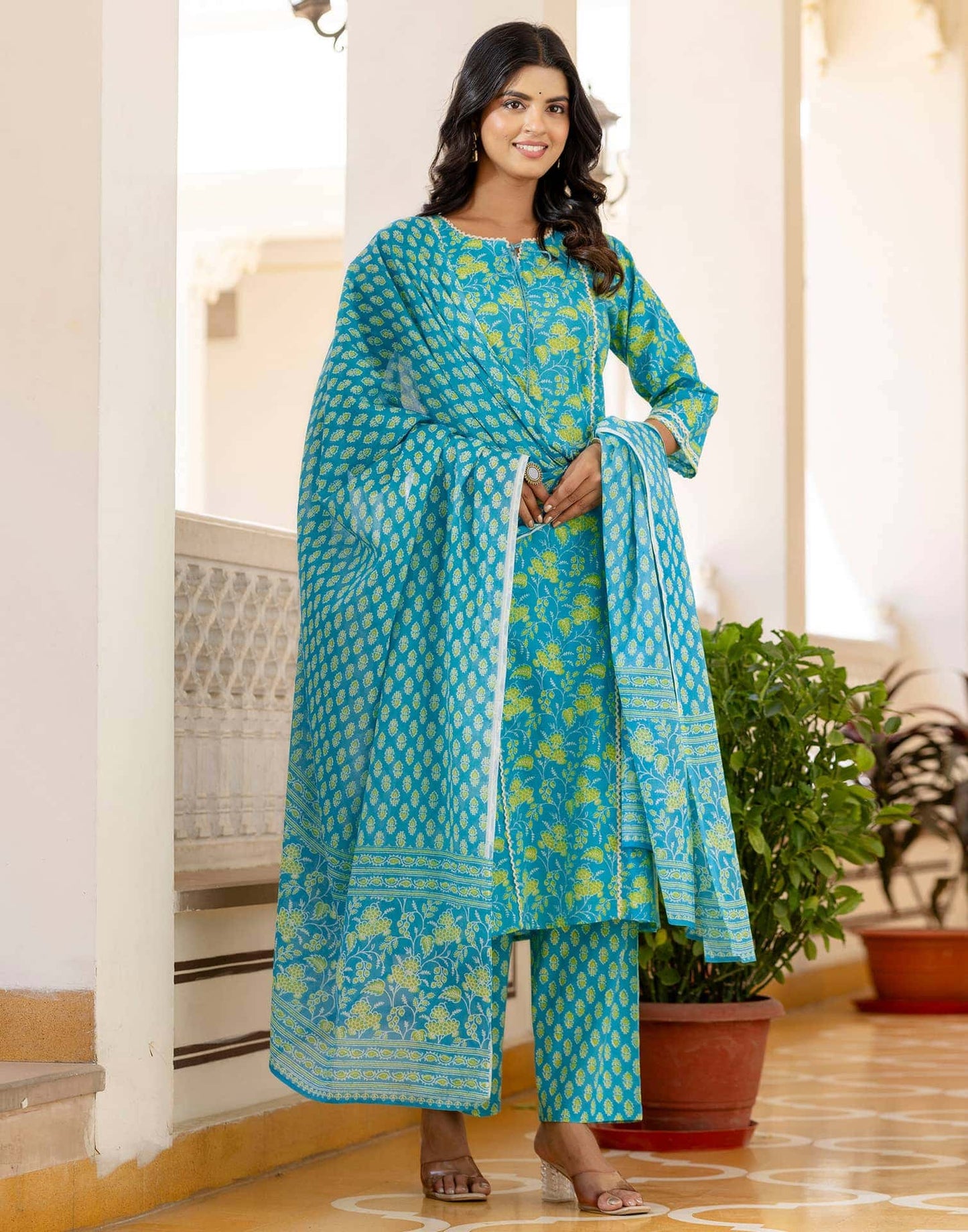 Cotton Printed, Lace, Tassels Straight Kurta with Pant & Dupatta