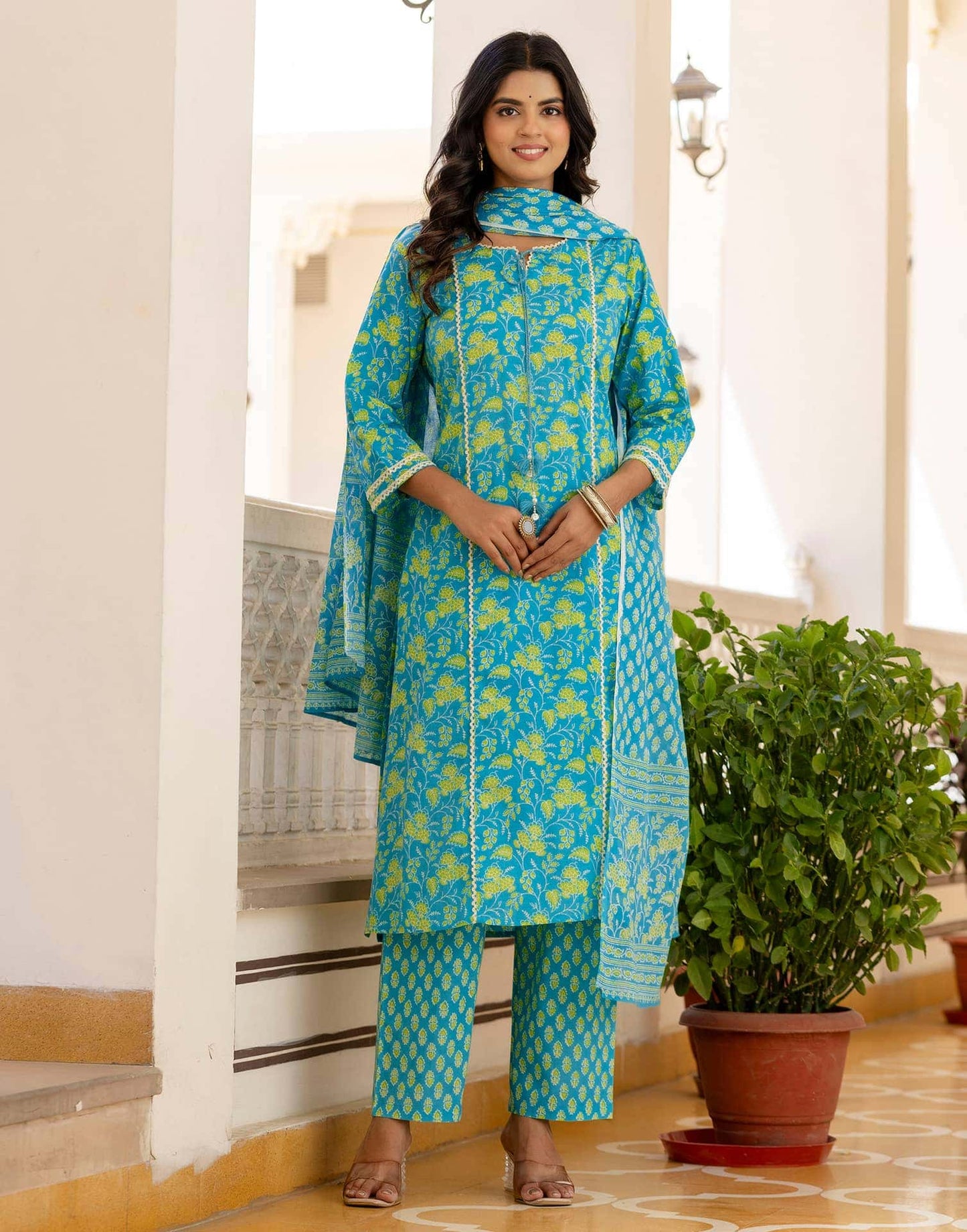 Cotton Printed, Lace, Tassels Straight Kurta with Pant & Dupatta