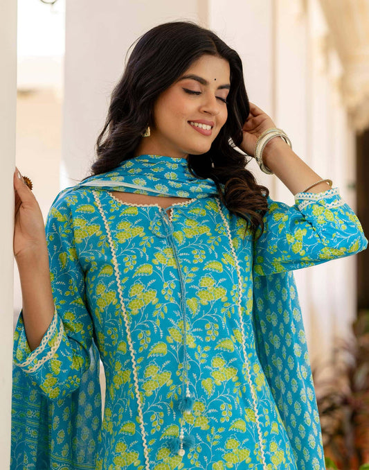 Cotton Printed, Lace, Tassels Straight Kurta with Pant & Dupatta