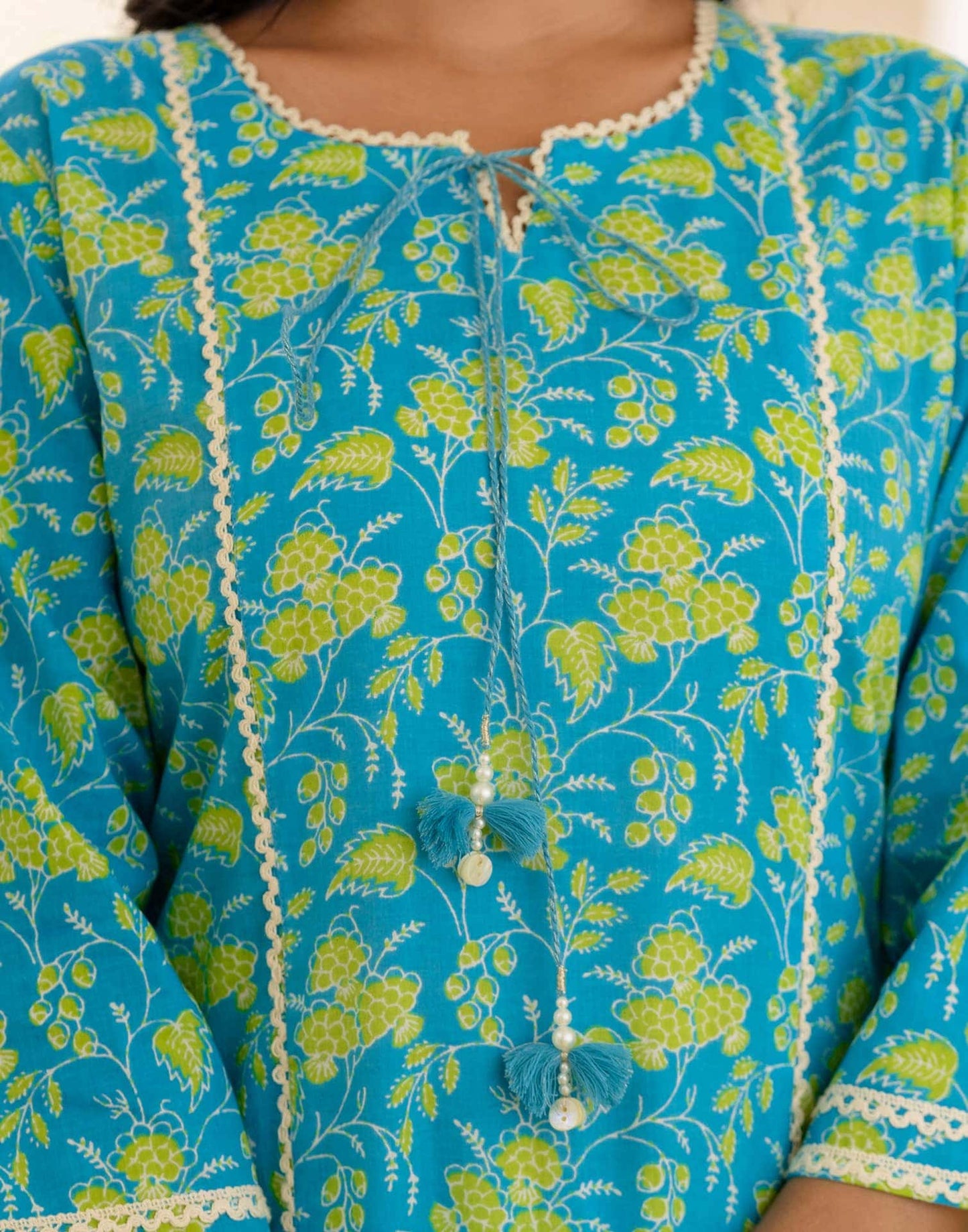 Cotton Printed, Lace, Tassels Straight Kurta with Pant & Dupatta