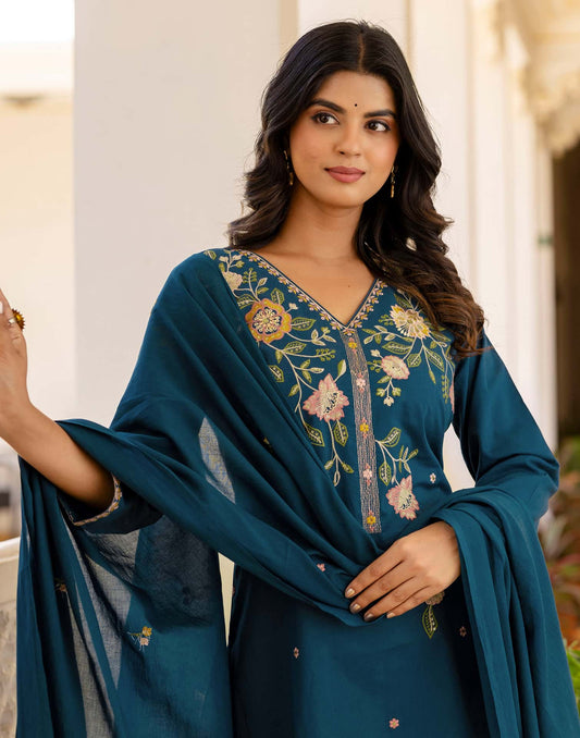 Cotton Embroidered Straight Kurta with Pant & Dupatta